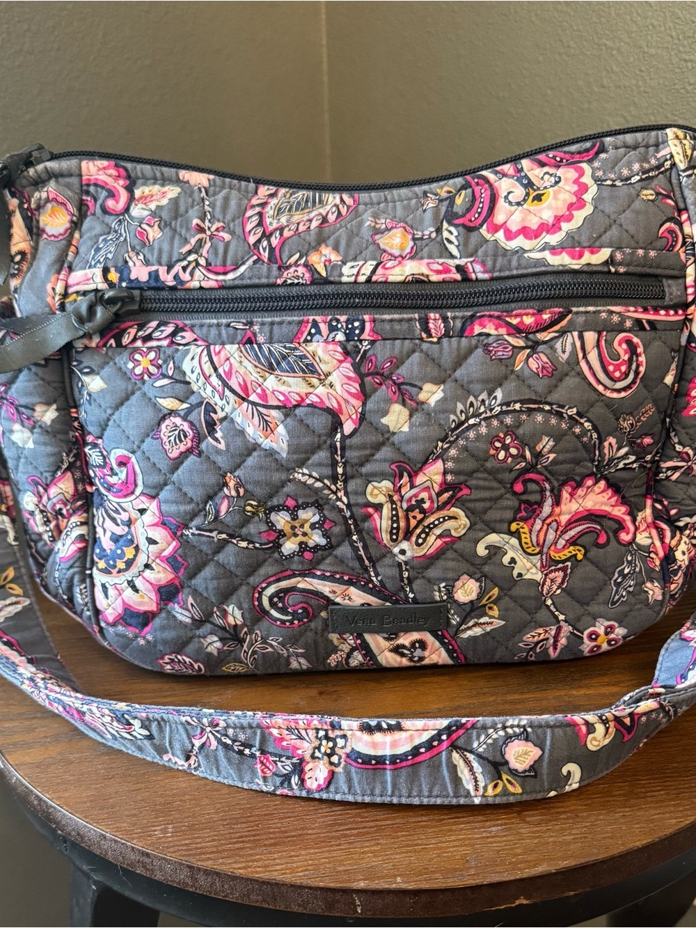 Vera Bradley Gray Quilted Paisley Shoulder Bag with Pink Accents